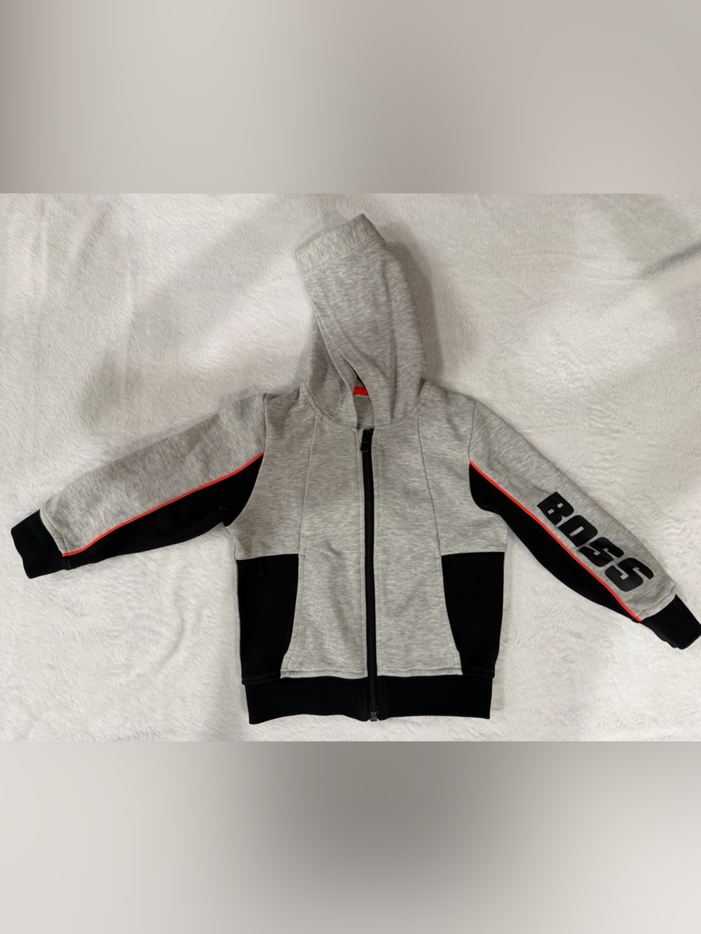 Boss Grey Hooded Zip Sweatshirt with Black Panels and Red Piping